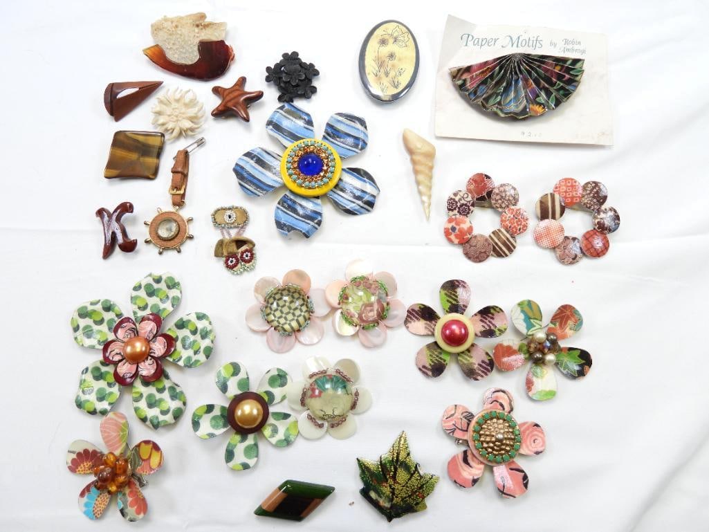 Vintage Jewelry Lot of 26 medium to large metal decoupage, bone, shell, enamel Brooches: Wonderful assortment of brooches, various maaterials to include natural materials of bone. Mother of pearl, wood, plus decoupage, enamel and glass Great unique lot.