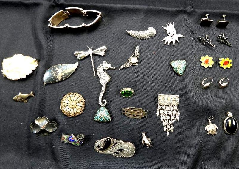 Vintage Jewelry Lot of 25 Brooches, earrings, bracelet and necklace charms with sterling (1 of 11)