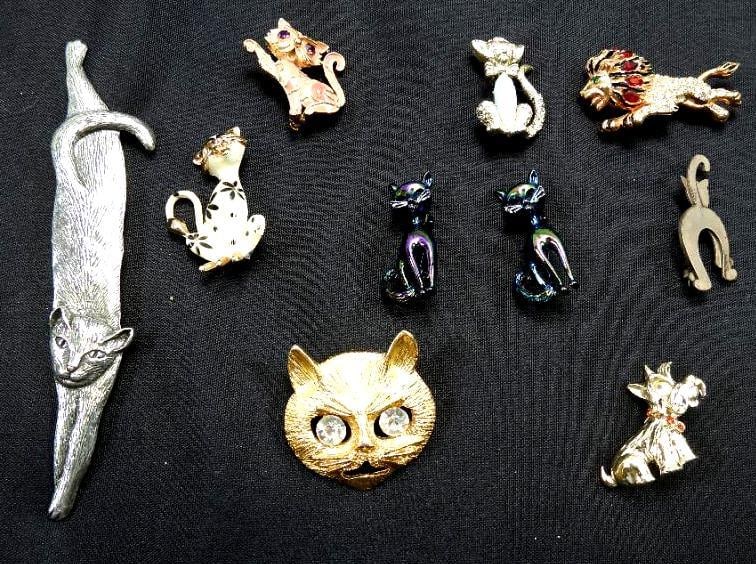 Vintage Jewelry Lot of 10 brooches Cats & Dogs LISNER, STERLING: Sterling Cat, Enamel, rhinestones, amazing lot! SO CUTE!
