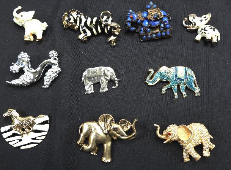 Vintage Jewelry Lot of 10 Enamel and rhinestone Animal brooches: Elephants, poodle dog, zebra,