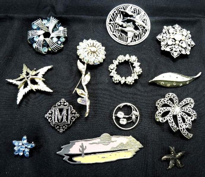 Vintage Jewelry Lot of 13 BROOCHES. Vanity sterling, trifari, Monet, BSK, JJ (1 of 8)