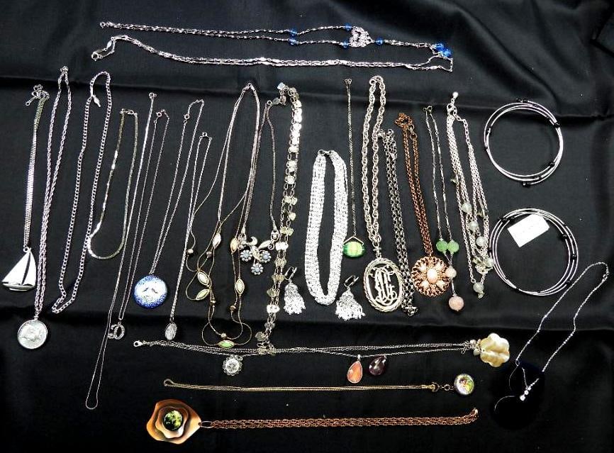 Vintage Jewelry Lot of 26 necklaces with 1 set some Signed Sarah Coventry, Sterling: Sarah Coventry, Copper, Nassin's , Sterling, Nine West and more. ! Is set with clip earrings.