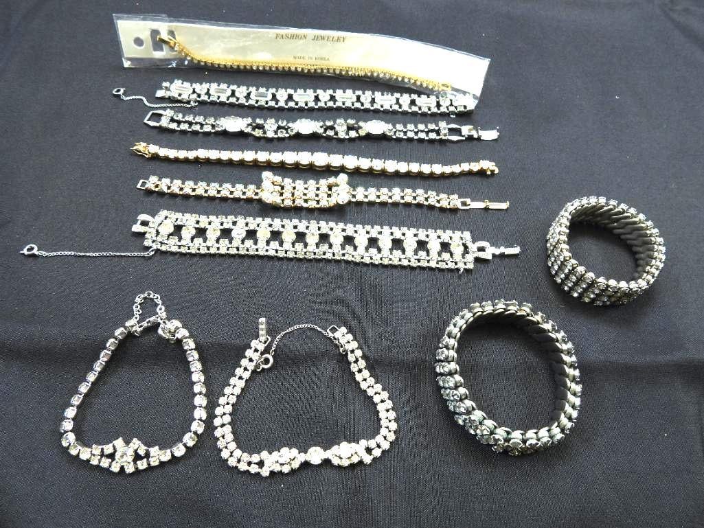 Vintage Jewelry Lot of 10 clear and ab Rhinestone bracelets. Silver and gold tone (1 of 7)