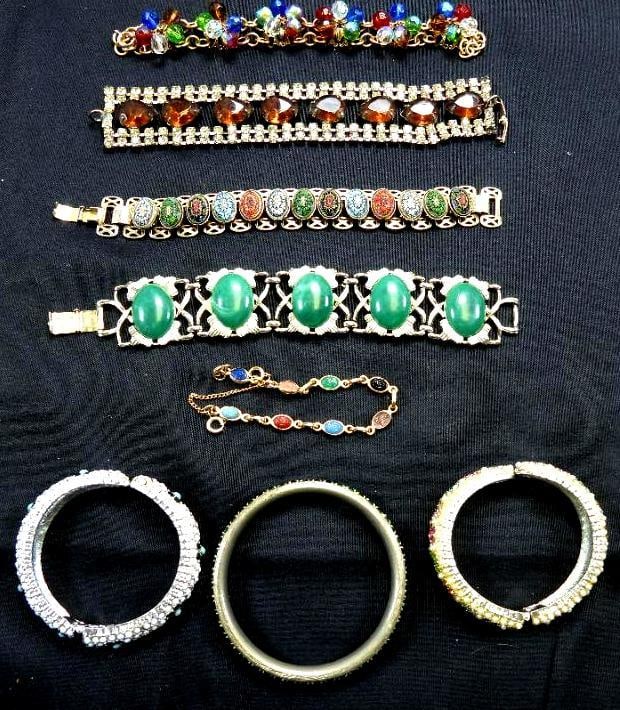 Vintage Jewelry Lot of Colorful Rhinestone bracelets. D and E design, CORO and unsigned (1 of 7)