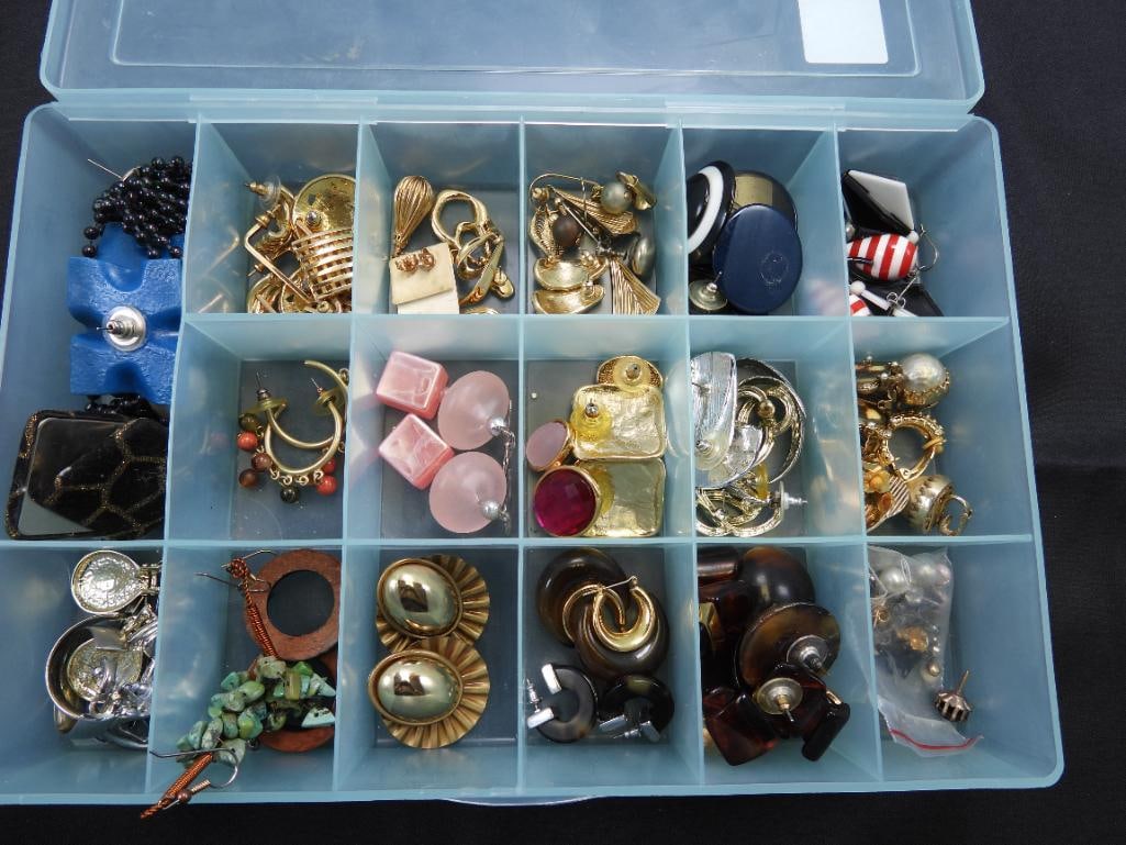 Vintage Jewelry Lot of 54 Pair of Earrings, mostly pierced Onepair signed NETTIE ROSENSTEIN,: Huge lot of fabulous designer styles, turquoise, enamel, rhinestones, wood, acrylic faxu ambr, FABULOUS VARIETY! Includes the plastic divided storage case.