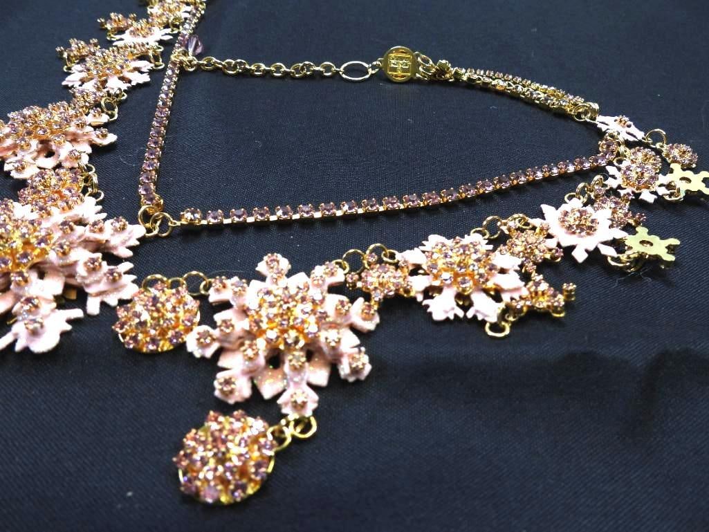 ONE OF A KIND CUSTOM Lunch at The Ritz USA 22KT Gold Plated Pink Snowflake Necklace: SPECTACULAR and just the most beautiful Necklace ever made by Lunch at the Ritz!! Loaded with genuine pink austiran crystals, pink glittery enamel on 22kt heavy gold plating that won't tarnish made en
