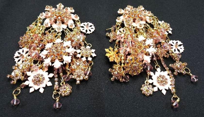 ONE OF A KIND CUSTOM Lunch at The Ritz USA 22KT Gold Plated Pink Snowflake Clip Earrings (1 of 4)