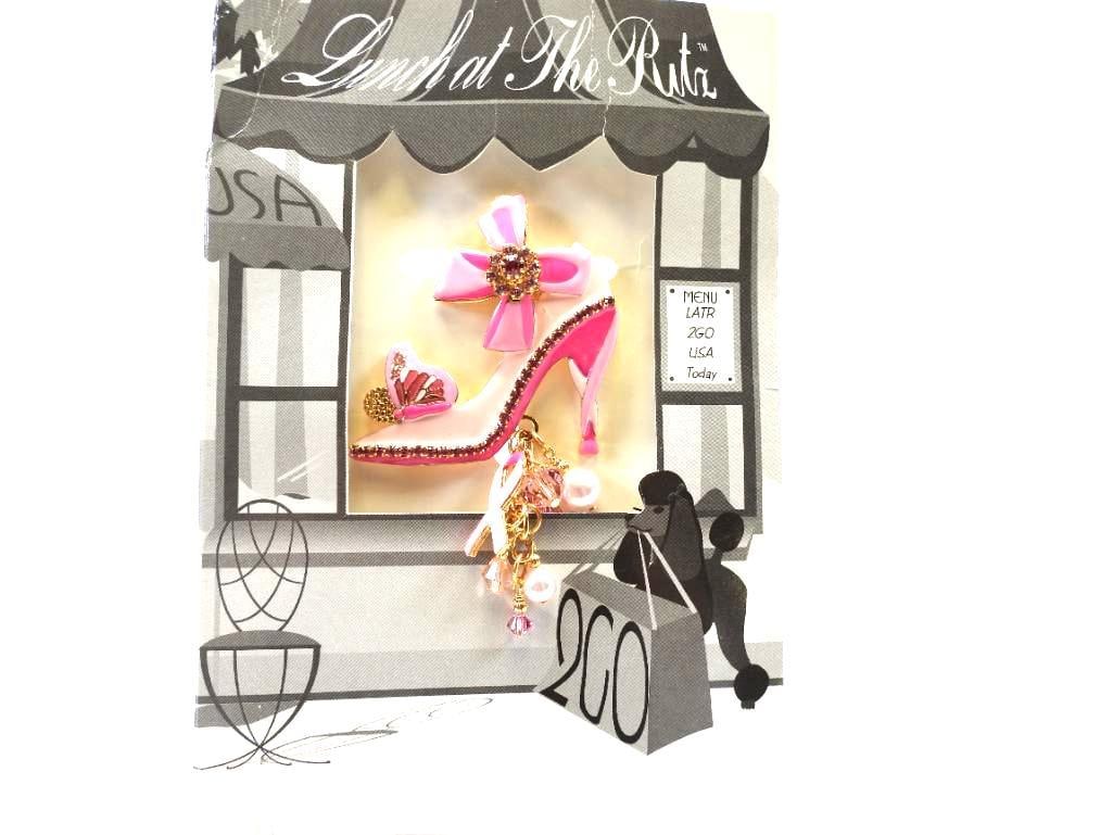 Lunch at The Ritz USA 22KT Gold Plated Pendant Brooch Breast Cancer Pink Fancy Shoe Theme: Lovely Breast Cancer Awareness pendant brooch, in pink enamel with crystals and 22Kt Gold Heavy plating in the USA . Genuine Austrian Crystals. 2" x 3"