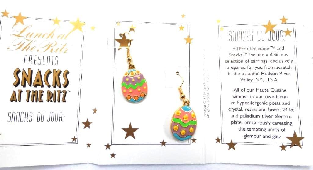 Lunch at The Ritz USA 22KT Gold Plated Easter Egg Earrings: Enameled Easter Egg dangly wired earrings made with 22Kt Gold Heavy plating in the USA . 1.5" long