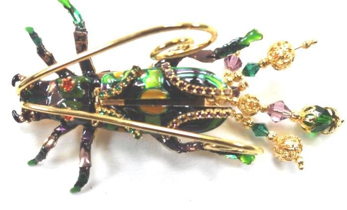 Lunch at The Ritz USA 22KT Gold Plated "Chinese Tiger Beetle" Pendant Pin: Amazing pendant pin with stunning hand-applied enamel details; 22Kt Gold Heavy plating made in the USA . Genuine Austrian Crystals. 2" x 3.5" long; Matching earrings in the next lot!