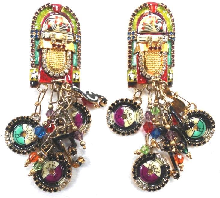 Lunch at The Ritz USA 22KT Gold Plated Juke Box Earrings: Beautifully enameled Jukebox clip on earrings made with 22Kt Gold Heavy plating in the USA . Genuine Austrian Crystals. 0.75" x 3.25" long