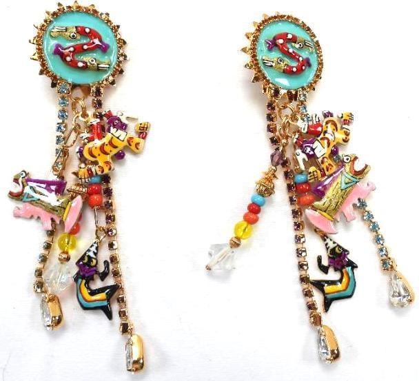 Lunch at The Ritz USA 22KT Gold Plated Goddess Earrings: Clip earrings in Mayan Goddess theme with enameled totems in 22Kt Gold Heavy plating in the USA . Genuine Austrian Crystals. 4" long