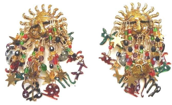 Lunch at The Ritz USA 22KT Gold Plated Zodiak Earrings: Massive zodiak-themed clip dangly charm earrings made of 22Kt Gold Heavy plating in the USA . These are an amazing 2.25" wide x 4" long!