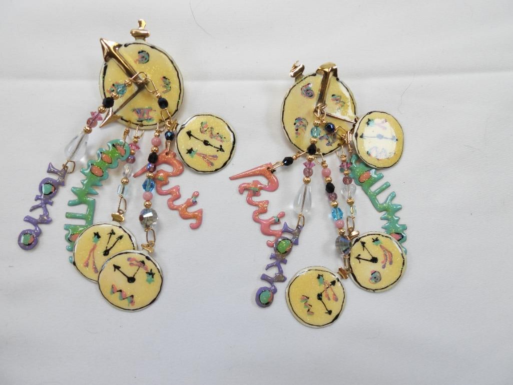 Lunch at The Ritz USA 22KT Gold Plated Global Clock Themed Earrings, 1988, SIGNED: Fun dangling earrings with clock faces for NY, Tokyo, Paris with pierced posts made with 22Kt Gold Heavy plating in the USA . 1.25"x 4.5" long