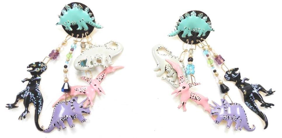 Lunch at The Ritz USA 22KT Gold Plated Dinosaur Earrings: Pierced earrings with dangling multi-colored dinosaur charms made with 22Kt Gold Heavy plating in the USA . 1.25"x 3.75"