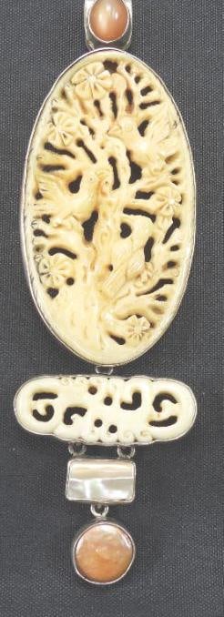 Amy Kahn Russel Sterling Silver Large careved bone birds trees Pendant: Stunning carved pendant with shell, gemstone and carved birds, tree, possibly bone, 1.5"x 5.5"
