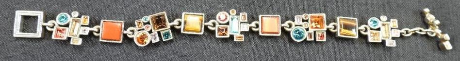 Vintage signed Patricia Locke multi gemstone silver tone: Beautiful earthtones 7" long x 1" . Signed P. Locke USA 05