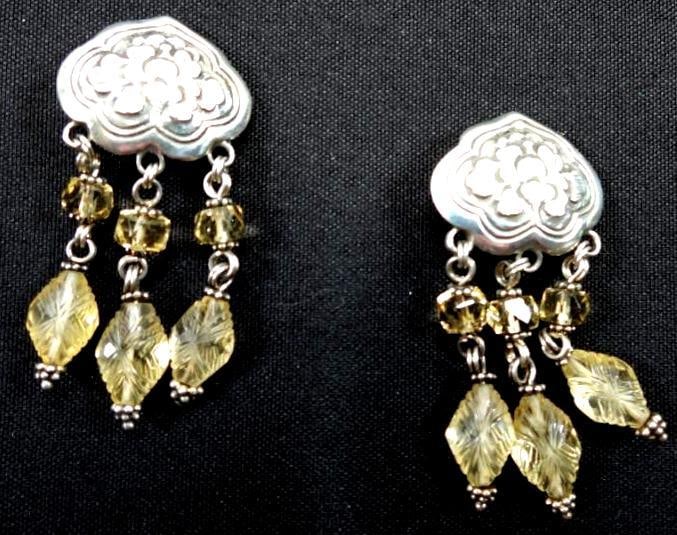 Stephen Dweck sterling silver Citrine Carved pierced clip dangle earrings. (1 of 5)