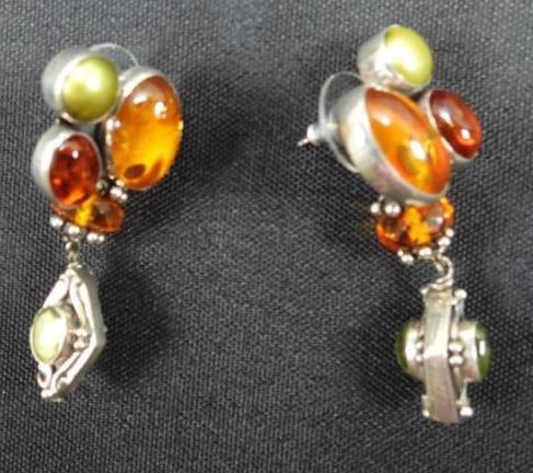 AKR Amy Kahn Russell Sterling silver amber, pearl, chrysoprase Pierced earrings: Beautiful natural amber in warm amber and light amber with green chrysoprase and green mabe pearl set in sterling silver post back. Hallmarked AKR 925. Measure 1" w x 1.75" drop.
