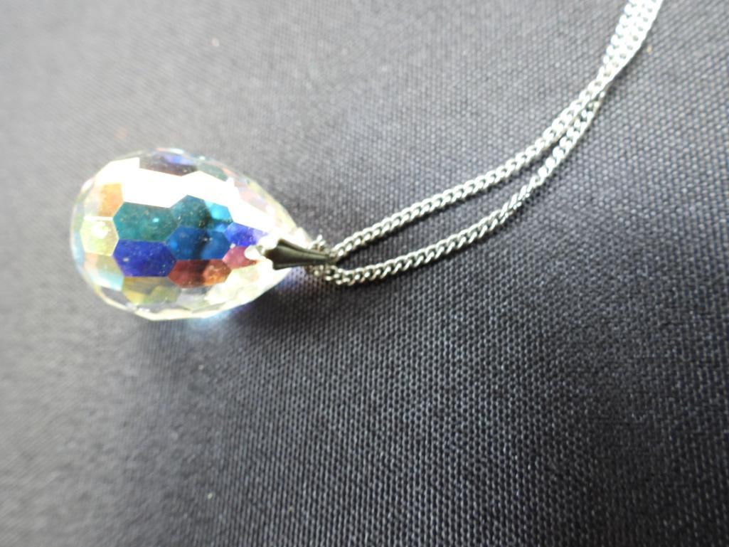 Large Vintage prism teardrop pendant necklace: Gorgeous prismatic shimmering pendant in glass. Spellbinding. Chain is 18" long prism ball is 1"
