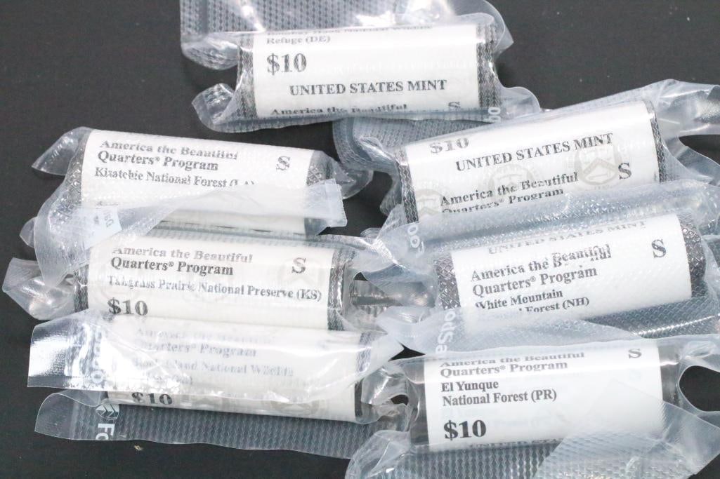 (7) Rolls Uncirculated US MINT S $10 America The Beautiful quarters: Numismatic Coins UNITED STATES MINT America the Beautiful Quarters Program. Each roll is uncirculated and vacuum sealed for added protection. Lot includes: lock Island National Wildlife Refuge (RI), B