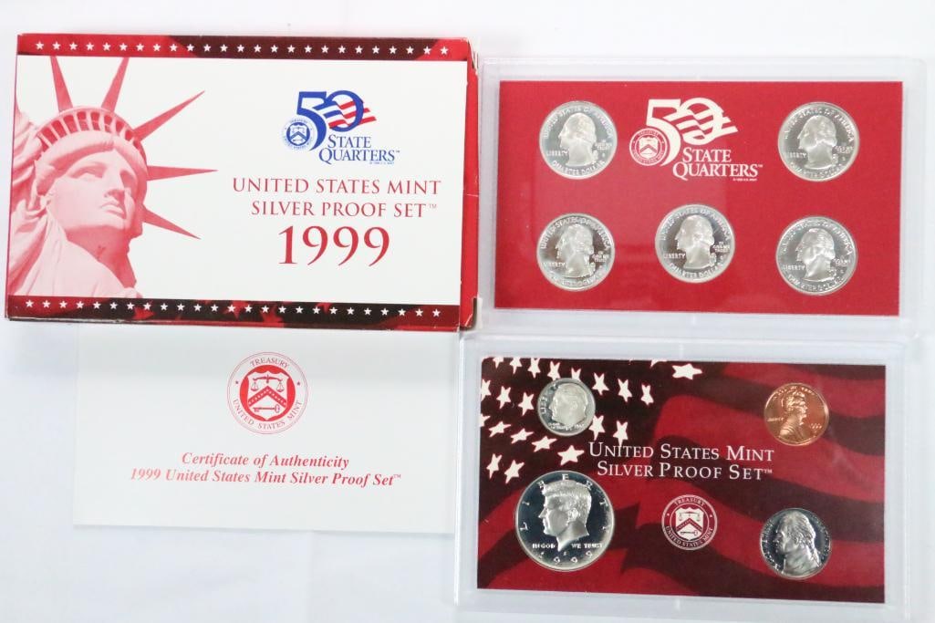 1999 UNITED STATES MINT SILVER PROOF SET Coins with COA (1 of 3)