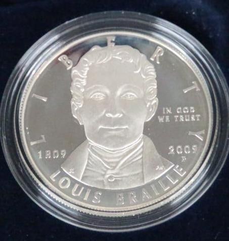 United States Mint 2009 Louise Braille Bicentennial Proof Silver Dollar: Numismatic Silver Dollar Coin in the plush blue velvet UNITED STATES MINT Presentation case encased in clear plastic in a cardboard box and outer cardboard sleeve with COA. PLEASE See pictures for Det