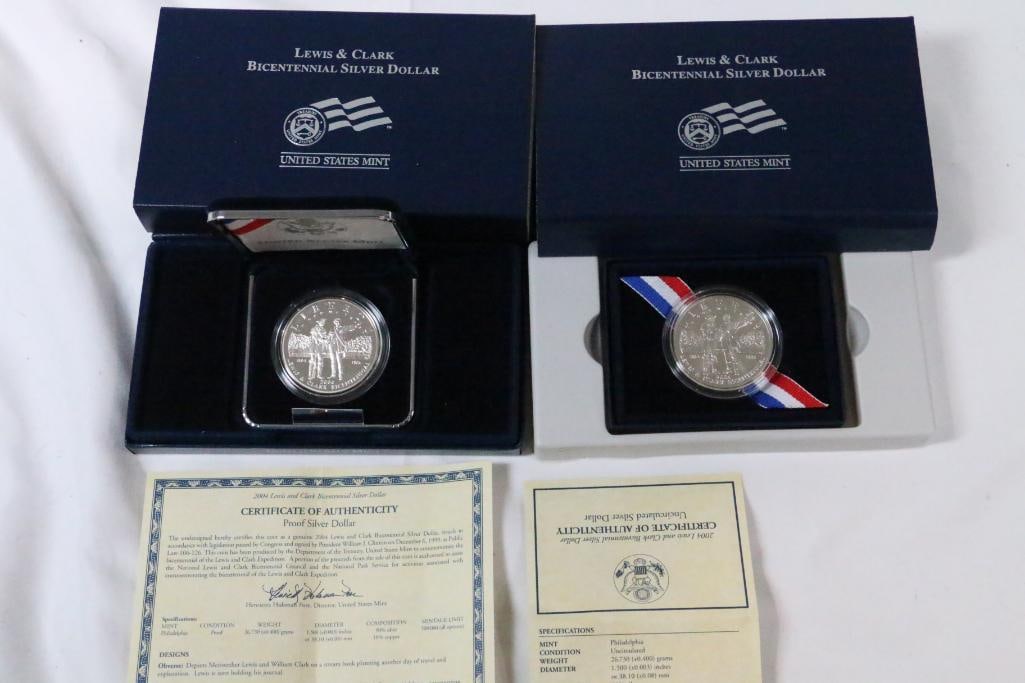 2004 P Lewis and Clark Bicentennial Lot of 2 Silver Dollar Coins Uncirculated and Proof (1 of 11)