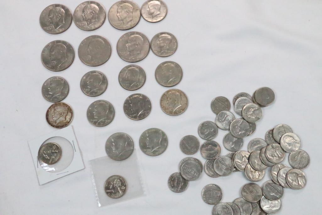 (12) Kennedy Half Dollar (6) IKE Dollar, (43) nickels (2 Quarters) Lot of 63 Coins (1 of 6)