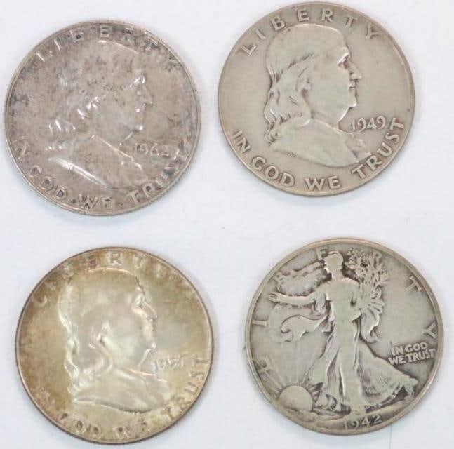 (4) total Silver Half Dollar Coins (1) Walking Liberty (3) Ben franklin Half Dollar Coins (1 of 5)