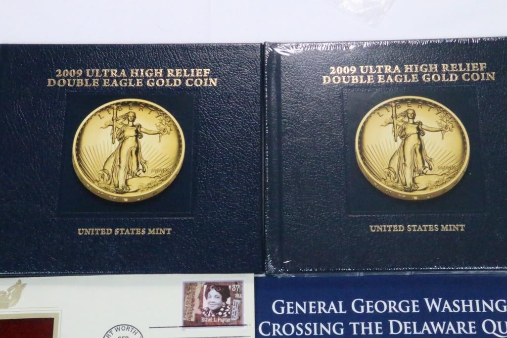 Coin , Stamp, Book Lot 2 US MINT Double Eagle Gold Books, (2) stamps and Washington quarter (1 of 5)