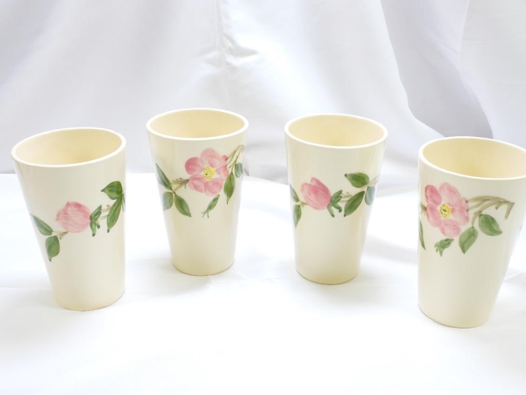 LOT of 4 Vintage FRANCISCAN "Desert Rose" Stoneware Tumblers: Lot of 4 vintage Franciscan "Desert Rose" stoneware tumblers, hand decorated in with pink flowers on a creamy background, very collectable, made in California; 5" tall