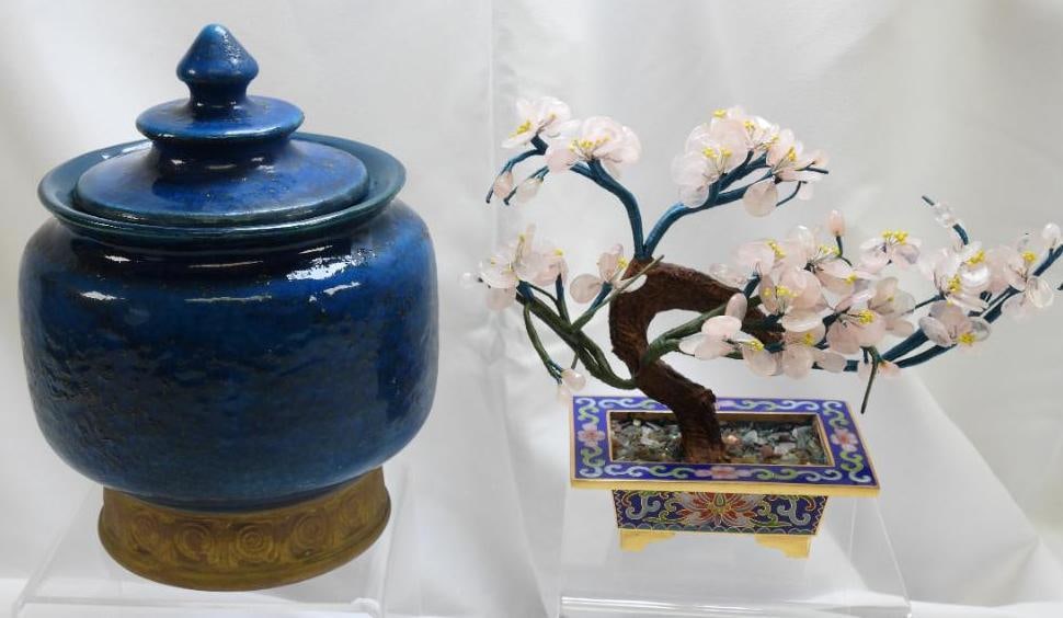 LOT of ROSENTHAL-NETTER Stoneware Covered Jar and Oriental Cloisonne Quartz Plum Blossom Tree (1 of 6)
