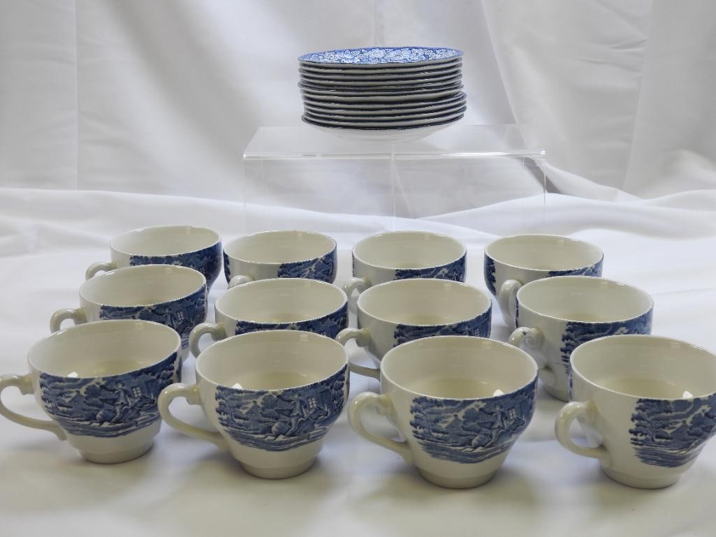 Set of  12 LIBERTY BLUE China Old North Church Staffordshire Cups with Saucers (1 of 5)