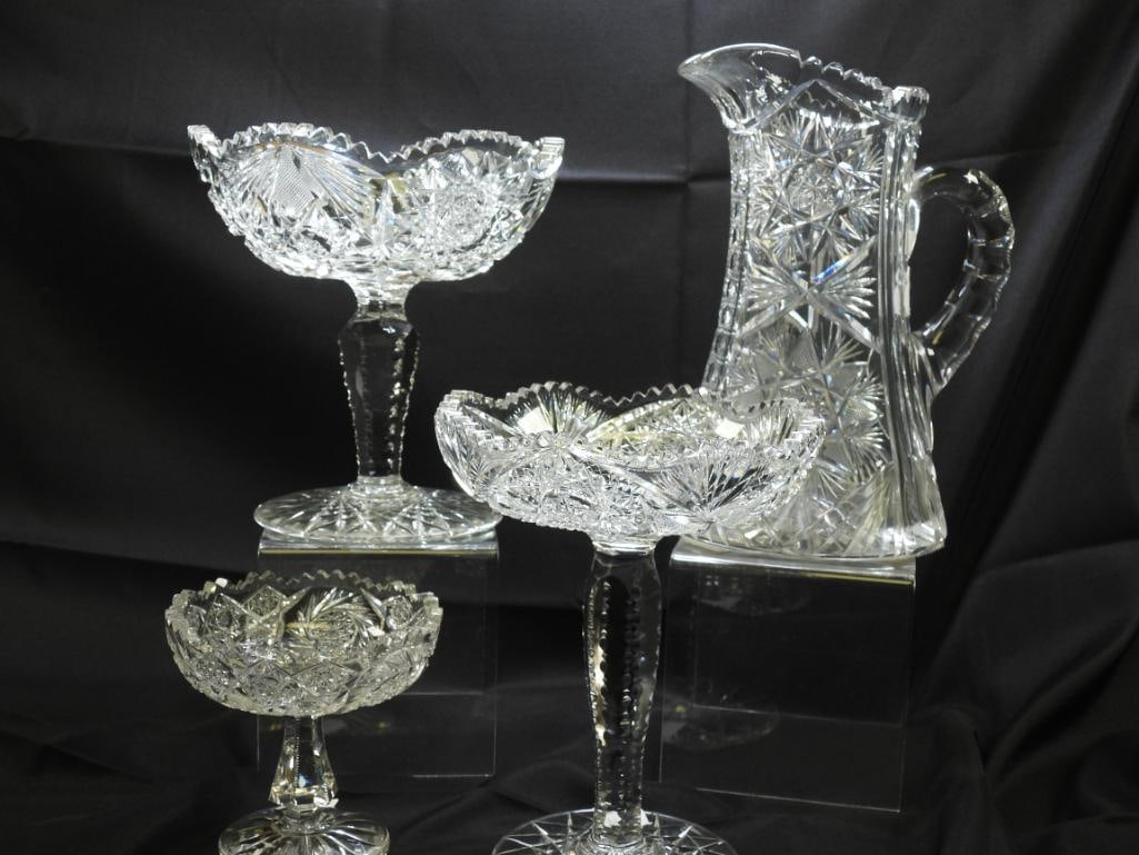 LOT of 3 Crystal Footed Compotes and a Crystal Pitcher, VINTAGE (1 of 4)