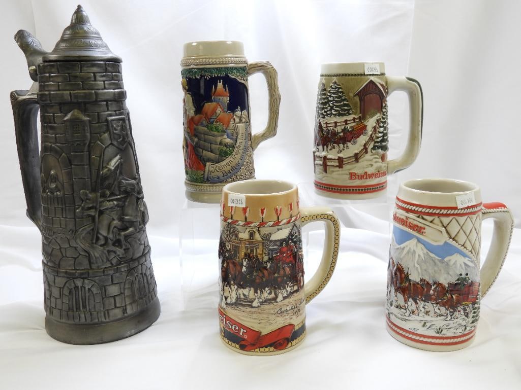 LOT of 5 Steins, including Budweiser, Gertz VINTAGE (1 of 8)