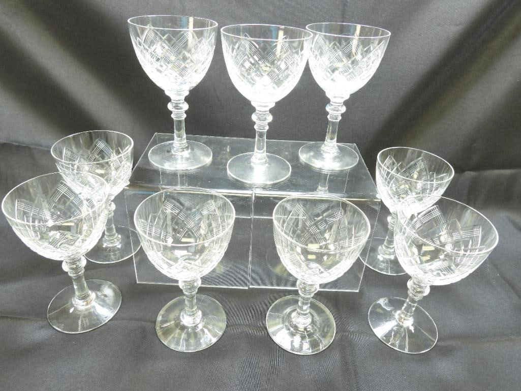 Lot of 9 Cut Crystal Wine Glasses, VINTAGE: 9 cut crystal wine glasses, possibly Danish, one with a small chip on base of stem; matching champagne glasses in the next lot!