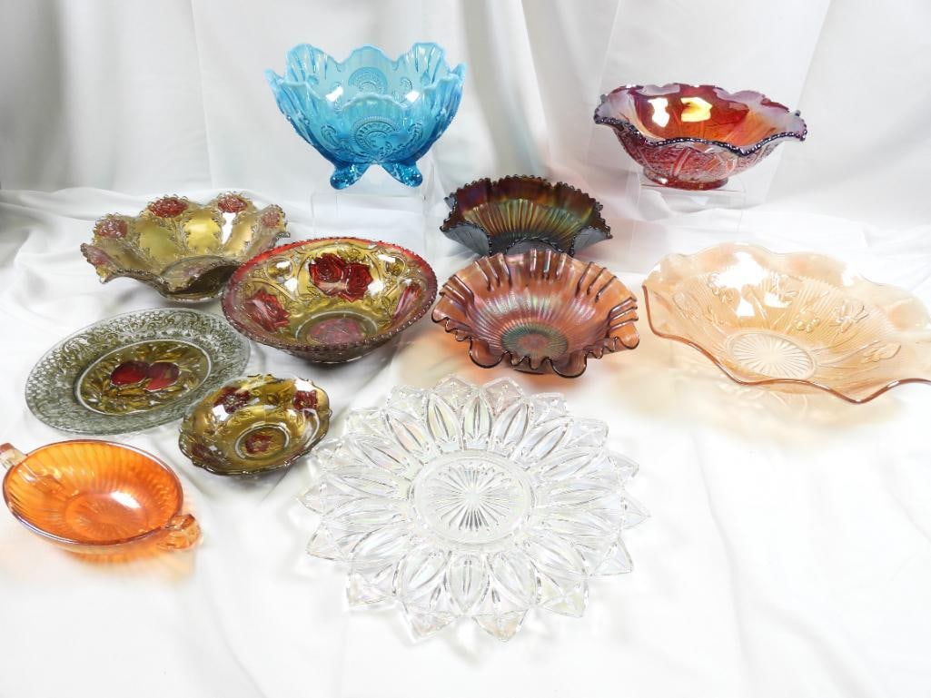 LOT of 11 VINTAGE Serving and Decorative Glass Bowls and Plates, Including Northwood, Carnival, and (1 of 7)