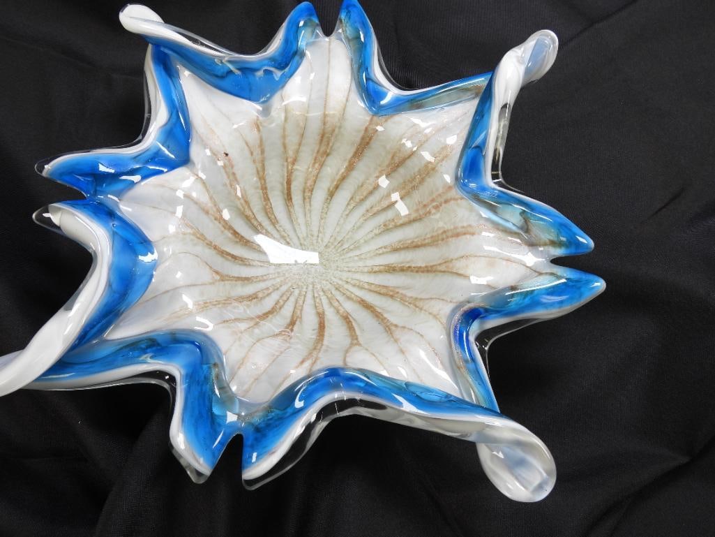 MURANO Glass Twisted Starfish Art Bowl, VINTAGE: An amazing Murano art glass twisted starfish bowl with layers of blue glass set against a creamy base flecked with gold in vintage condition with 2 tiny chips on back not visible from front, 12" wide 
