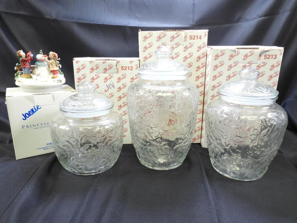 LOT of 3 PRINCESS HOUSE Crystal Cannisters and a Snowman Cannister Topper, VINTAGE BOXED (1 of 7)