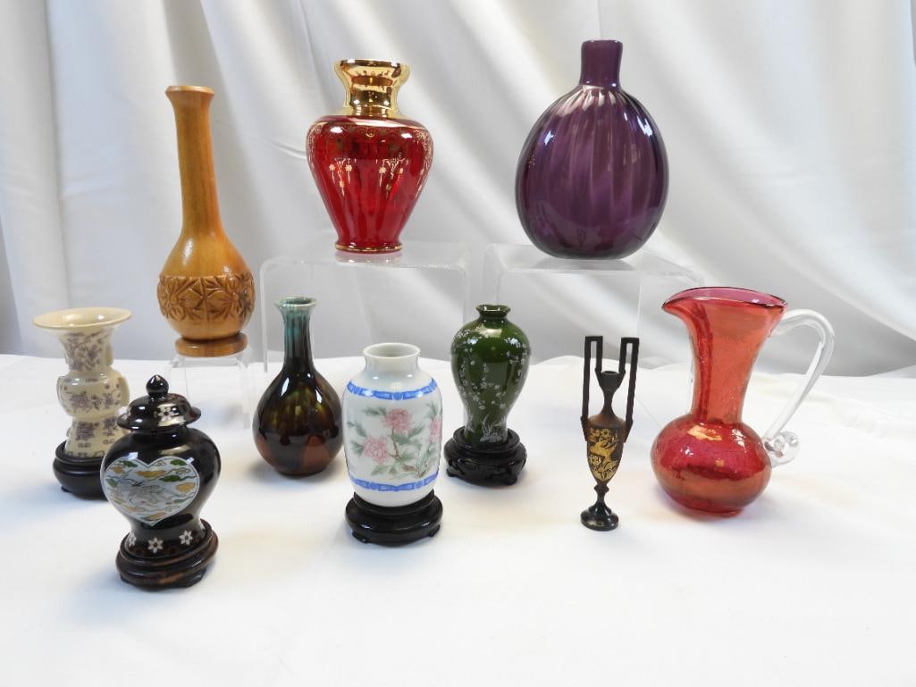 LOT of 9 Vases and a Miniature Damascene Style Etched Iron and Gilt Vase Urn (1 of 6)