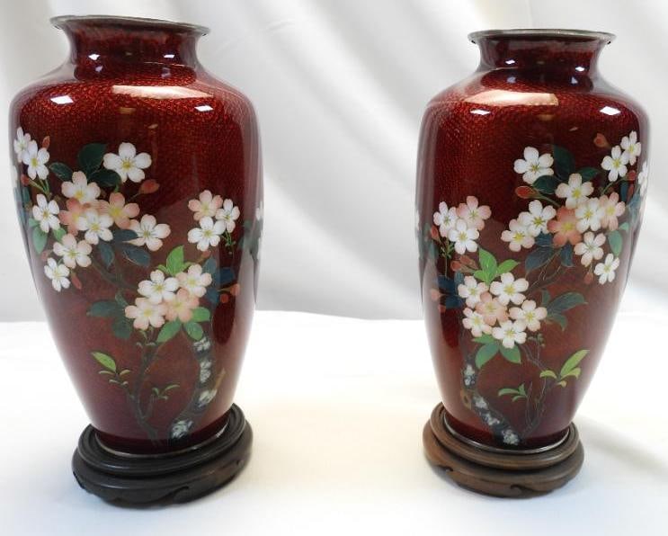 LOT OF 2 Extra Fine NEKKA Cloisonne Matching Vases, VINTAGE (1 of 6)