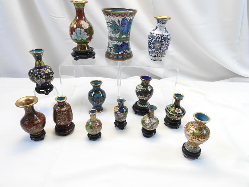 LOT OF 13 Oriental Cloisonne Miniature Vases with 10 Wood stands (1 of 5)