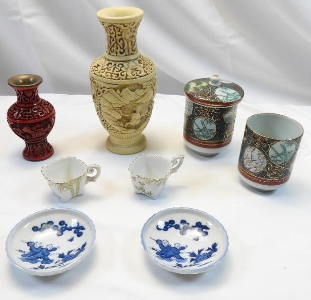 LOT OF 2 Matching Porcelain Kutani Japanese Tea Wedding Set, 2 Vases, 2 Dipping Bowls, and 2 Kutani (1 of 8)