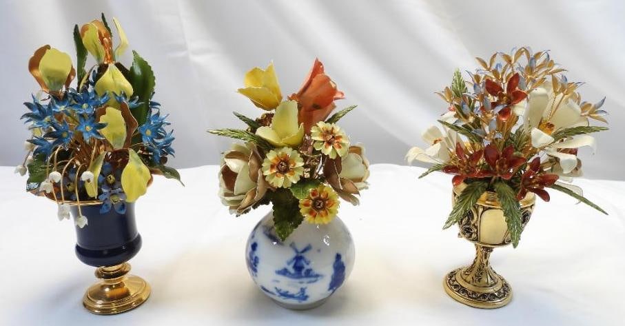 LOT OF 3 FRANKLIN MINT IGOR CARL FABERGE Enamel on Metal Collectable Bouquets: Lot includes, "The Imperial Russian Bouquet" (1978) 7" tall x 5" wide, "The Imperial French Bouquet" 1978, 7" tall x 4.5" wide, and "The Royal Dutch Bouquet" 1980, 6.75"x 4" wide, all marked on the bo