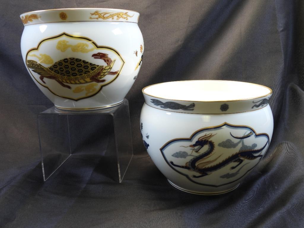 LOT OF 2 FRANKLIN PORCELAIN Oriental Style Fishbowls/Planters made by Okura Touen of Japan, VINTAGE: Lot includes 2 limited edition bowls made by Japanese porcelain maker Okura Touen for Franklin Porcelain; one bowl dated 1980, "Quinglong Within the Four Gods" depicting dragon images, and other bowl 