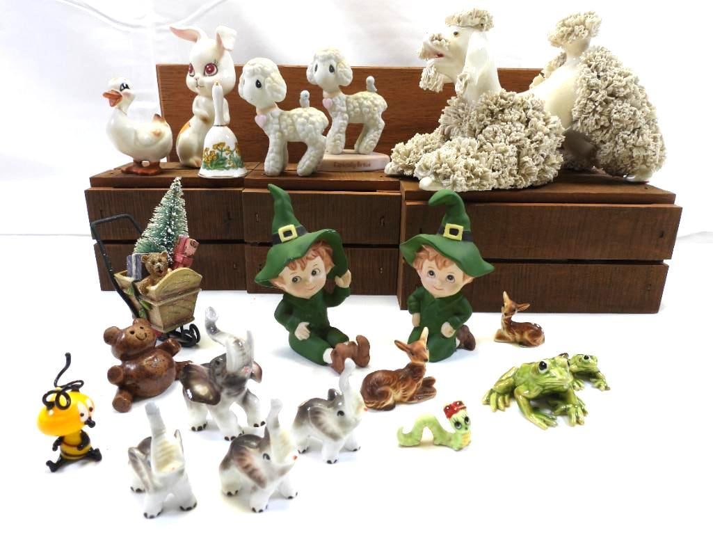 LOT OF Vintage Porcelain China Figurines: 18 porcelain china figurines including a detailed elephant family by SHIKEN, Japan, mini frogs, an unusual poodle e, and more! Tallest 4"