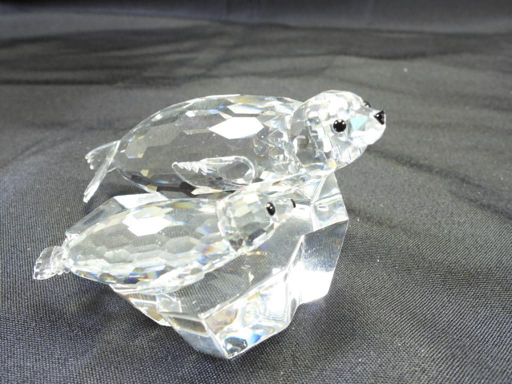 SWAROVSKI Austrian Crystal Collectors Society 1991 "Save Me-The Seals" BOXED: Limited edition Collectors Society fine Austrian crystal mother and baby seals, 2" tall x 4" long, boxed