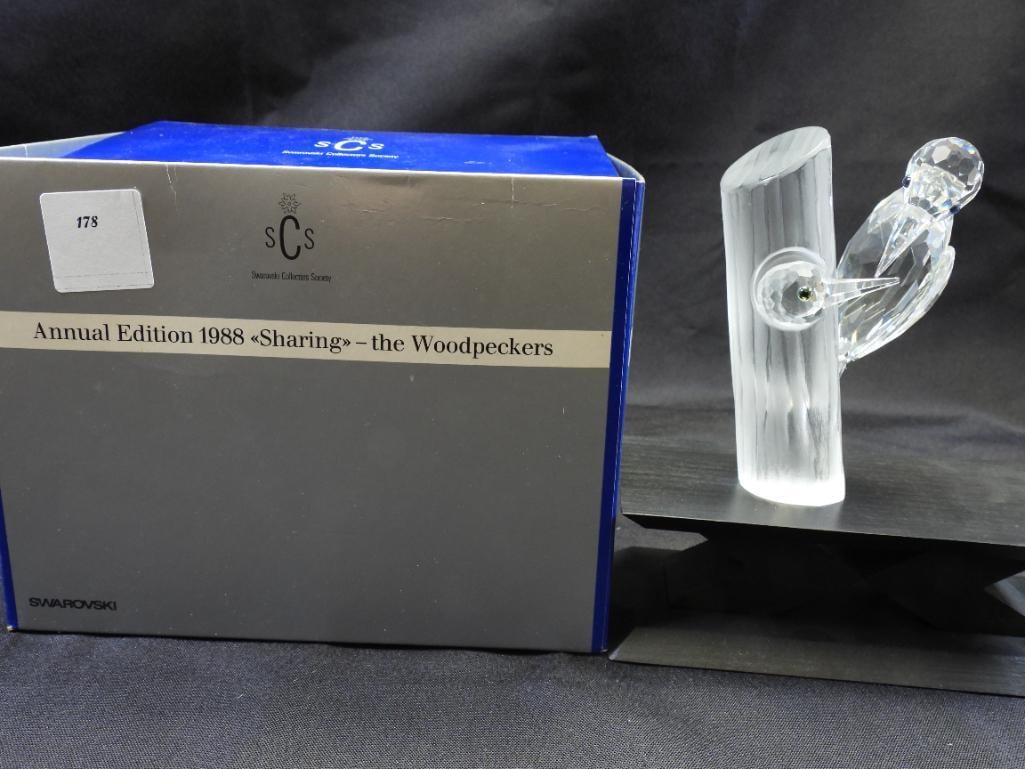 SWAROVSKI Austrian Crystal C 1998 Collectors Society "Sharing"-The Woodpeckers, BOXED: Limited edition Collectors Society fine Austrian crystal 1998 "Sharing"-The Woodpeckers; 4" tall, boxed