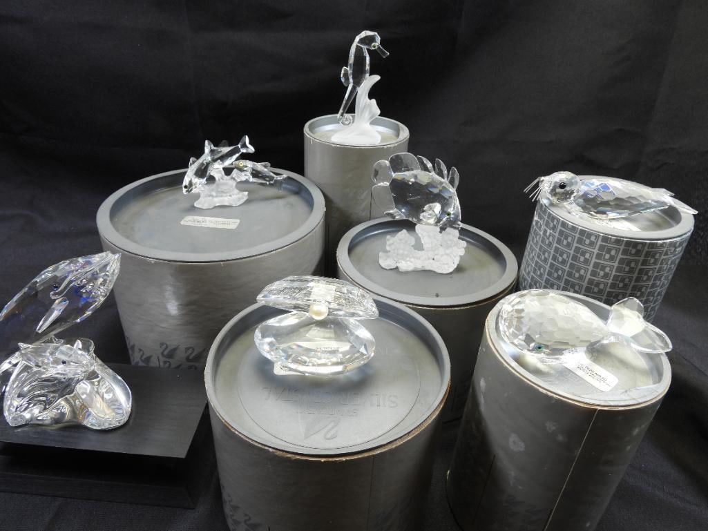 LOT OF 7 SWAROVSKI Austrian Crystal Sea Creatures, 6 BOXED: Lot includes 7 Swarovski fine Austrian crystal sea creature figurines, a 1992 Collectors Society whale (4" tall), seal, 2 fish, seahorse, whale, and oyster with pearl